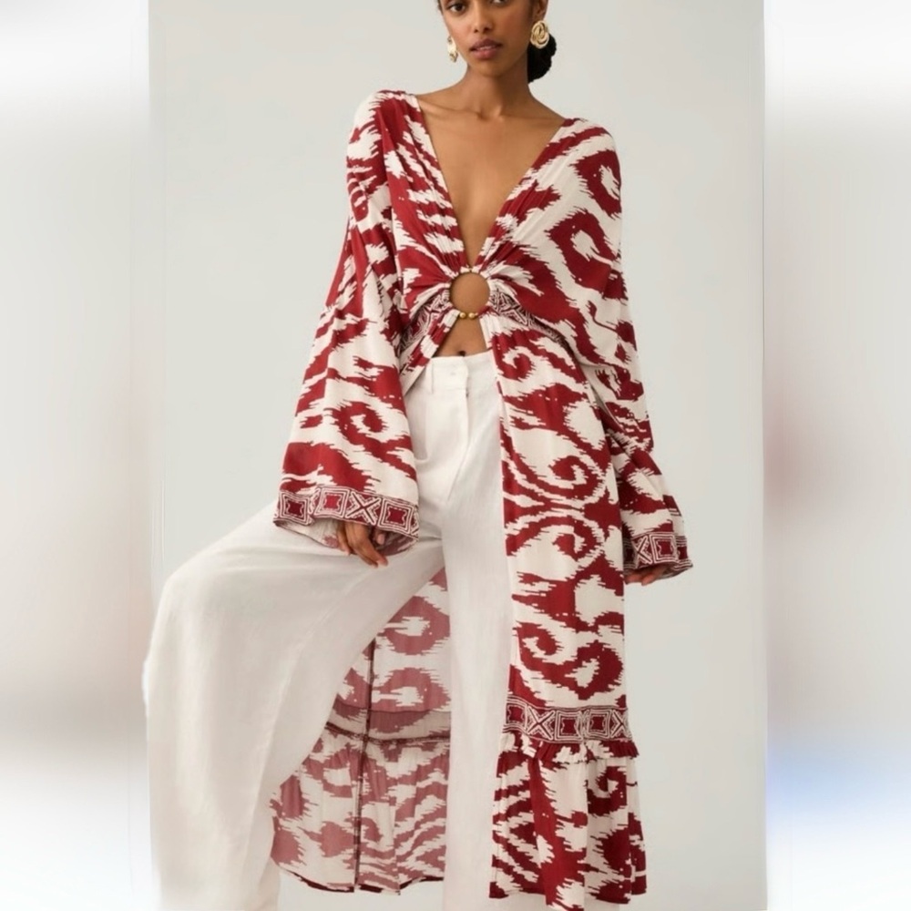 NWOT Anthro Printed Front Ring Kaftan Cover-Up Kimono M/L